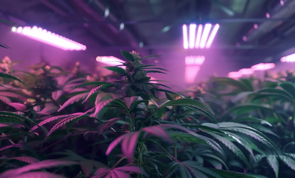 Cannabis Pflanzen in Grow Room mit Lila Beleuchtung