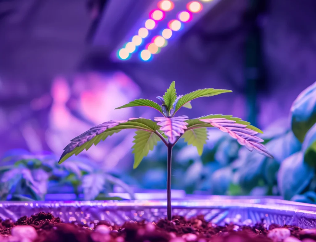 Cannabis Steckling in Grow room mit Lila LED